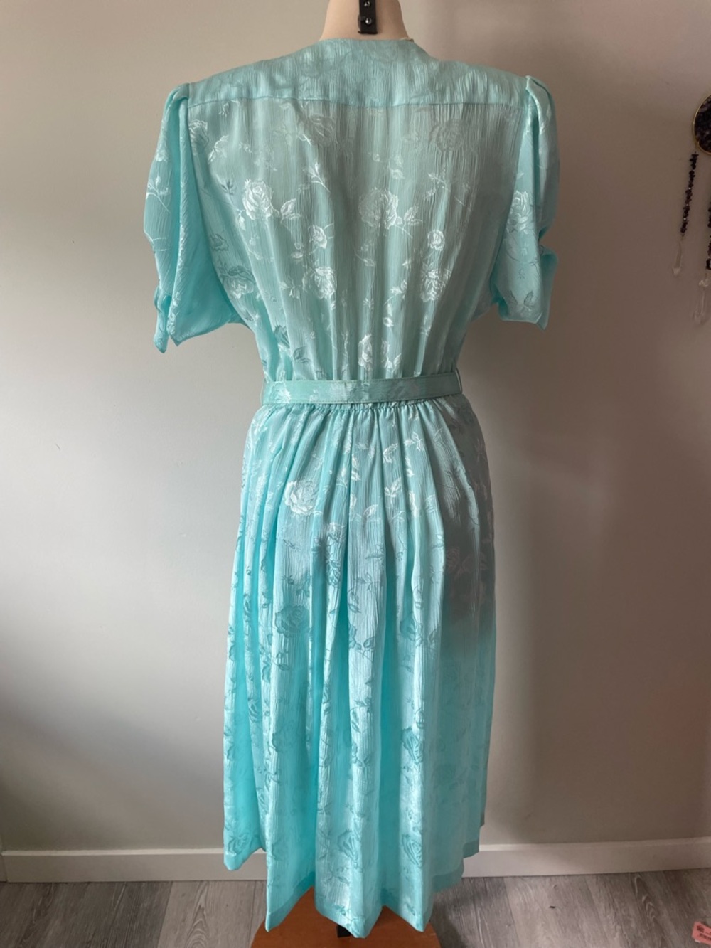 80s 90s The French Fact Floral Rose Satin Midi Dress Belted Retro Cottagecore - Picture 2 of 8